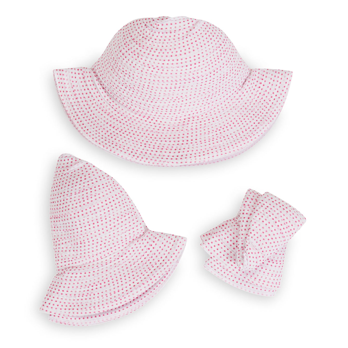 Packing of Kid's Scrunchie Wide Brim Crown Style UPF Sun Hat in White/Fuchsia dots from Wallaroo