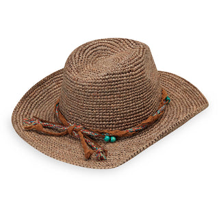Back of petite catalina cowboy straw sun hat for summer in Mushroom  by Wallaroo