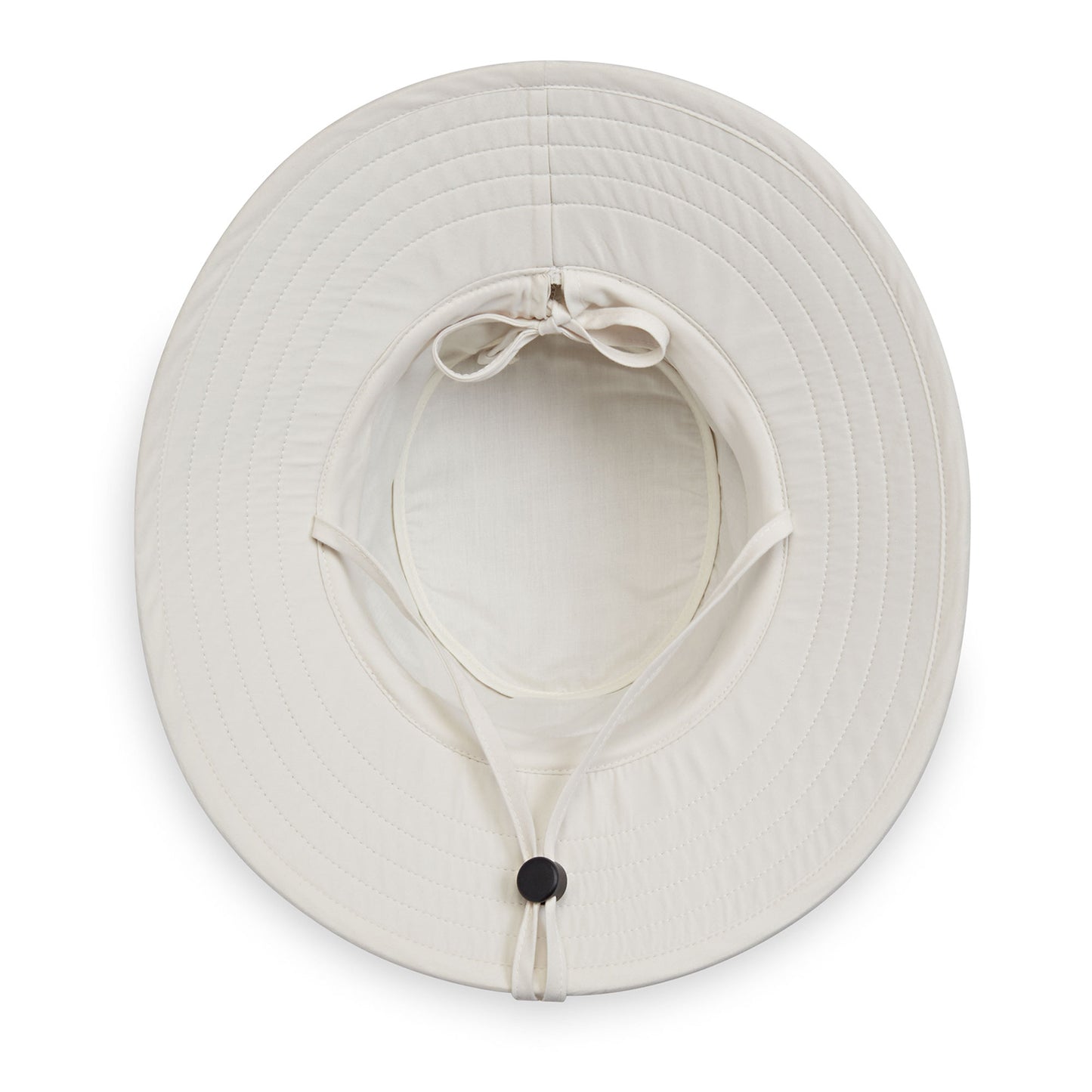inside of womens ponytail sun hat with chinstrap by Wallaroo, Stone/Natural