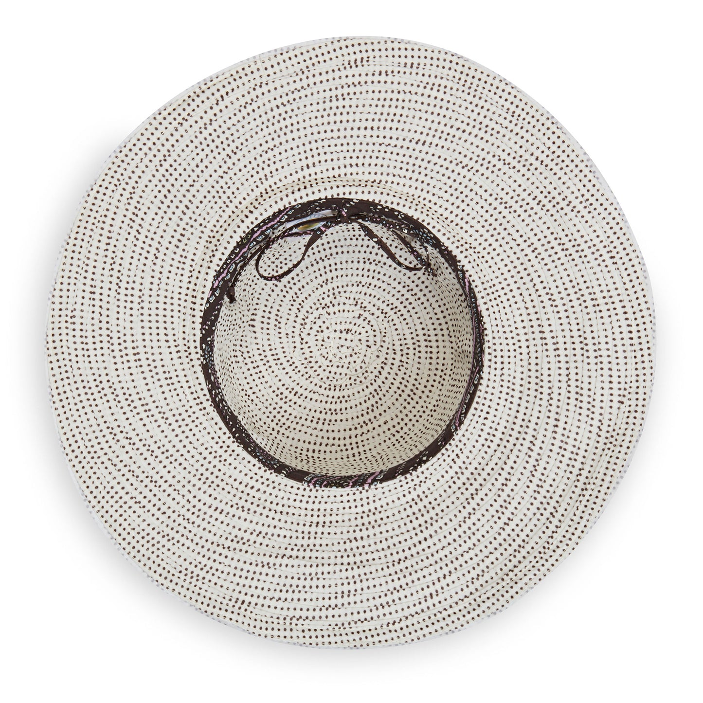 Inside of Wallaroo Scrunchie sun hat, Natural/Brown Dots