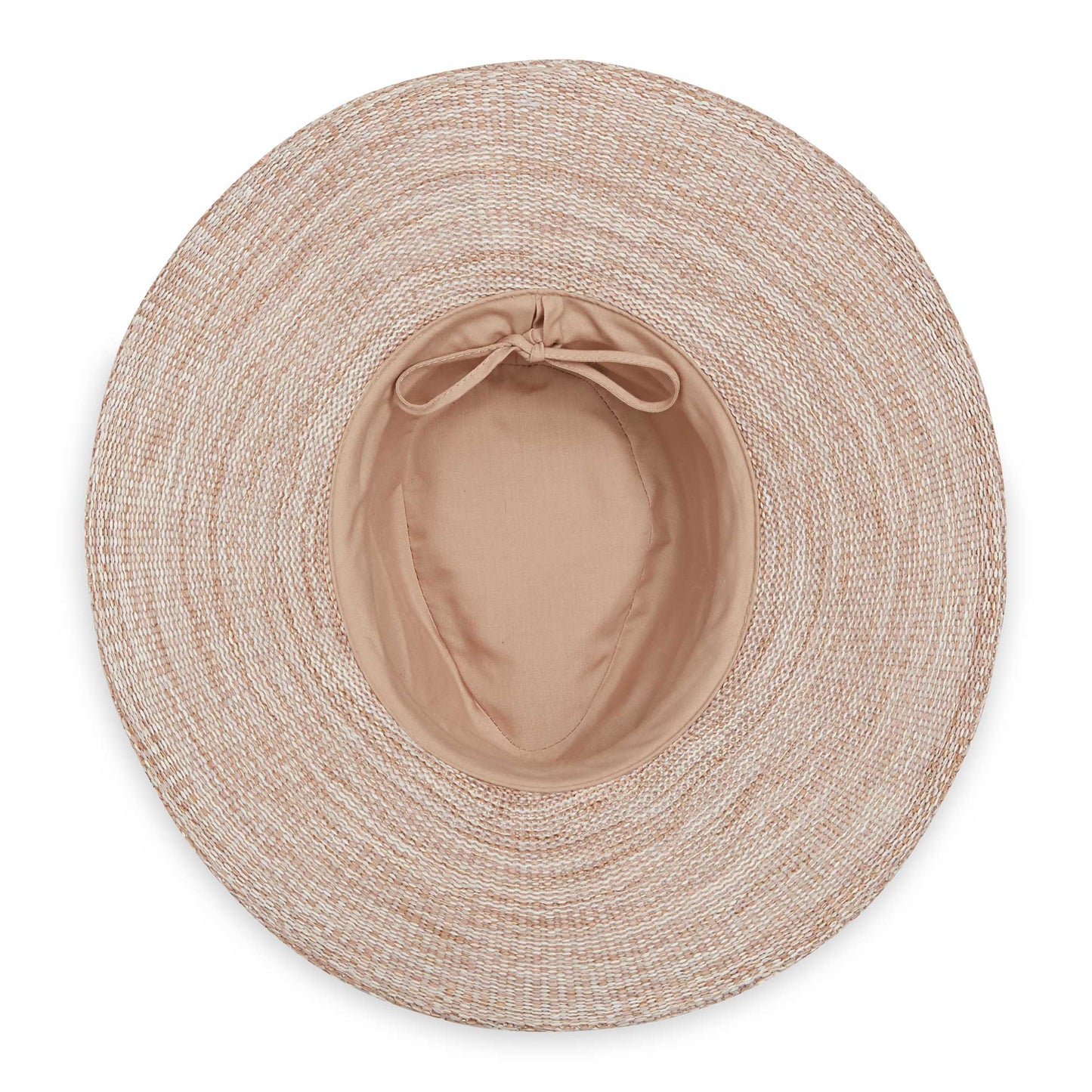 Inside of women's Victoria Fedora Diva poly-straw packable hat for travel, Mixed Camel