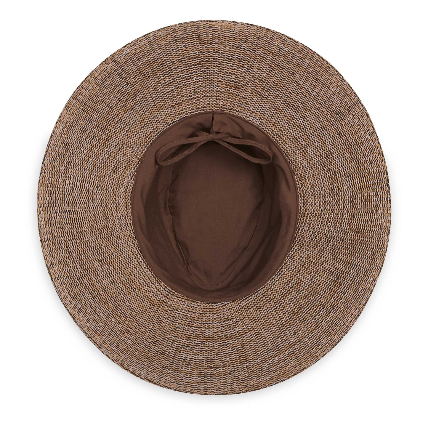 Inside of women's Victoria Fedora Diva poly-straw packable hat for travel, Suede