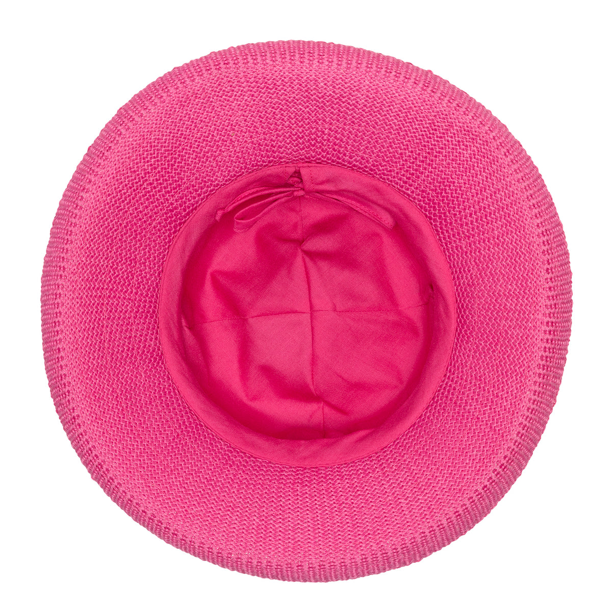 Top-down interior view of the Wallaroo Victoria UPF sun hat in hot pink, showing the inner lining and the adjustable internal drawstring ribbon.
