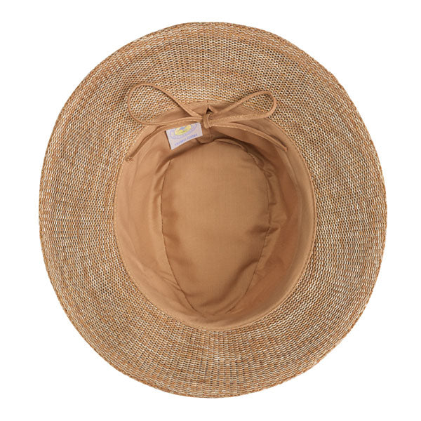 Inside view of Women's Victoria Fedora packable UPF 50+ hat in Mixed Camel.