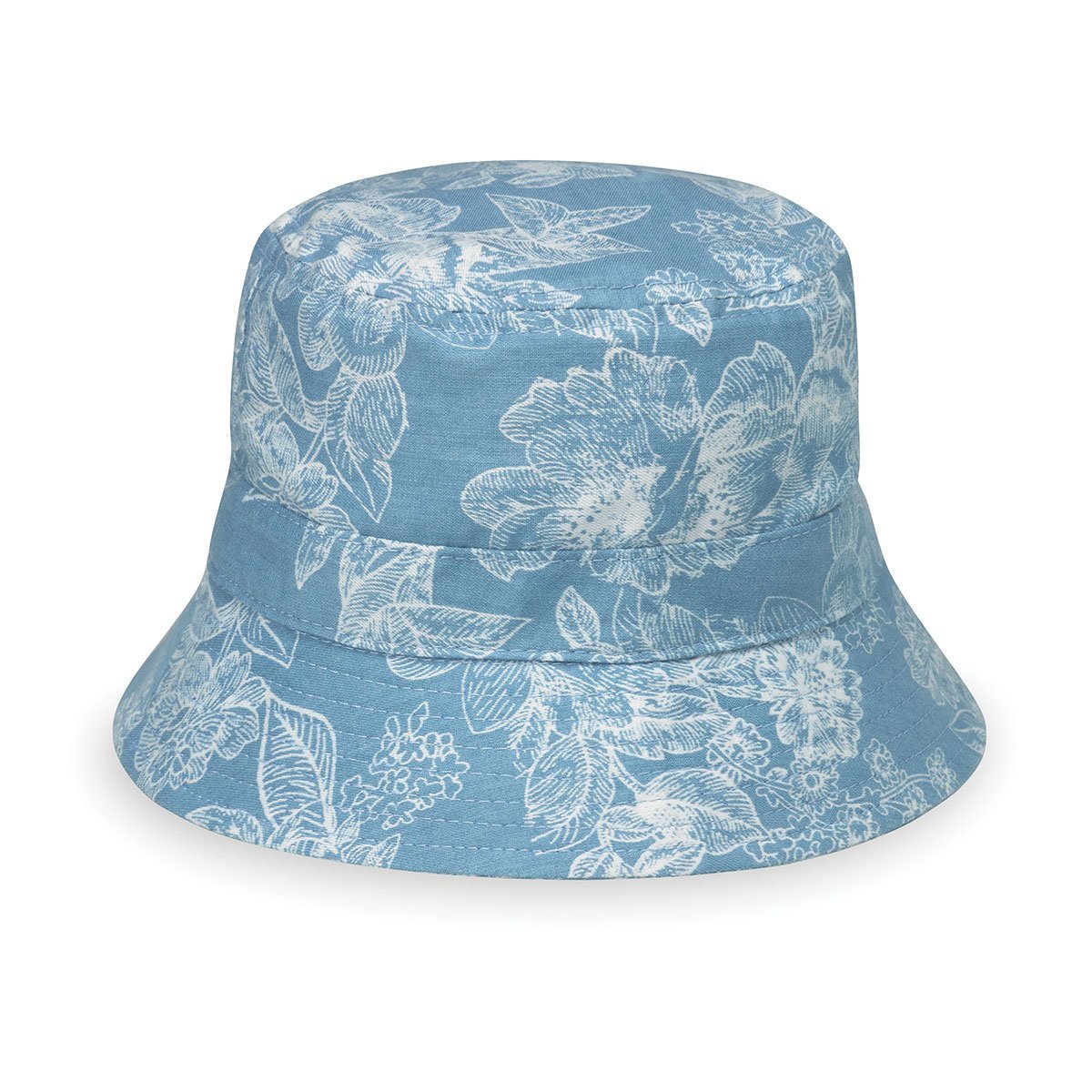 Featuring Aloha Kid's Packable Bucket UPF Sun Hat with Chinstrap in Blue Floral from Wallaroo