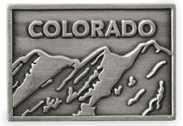 Featuring View of the Colorado Mountains image on the 2-sided Metal Etched Emblem from Carkella by Wallaroo