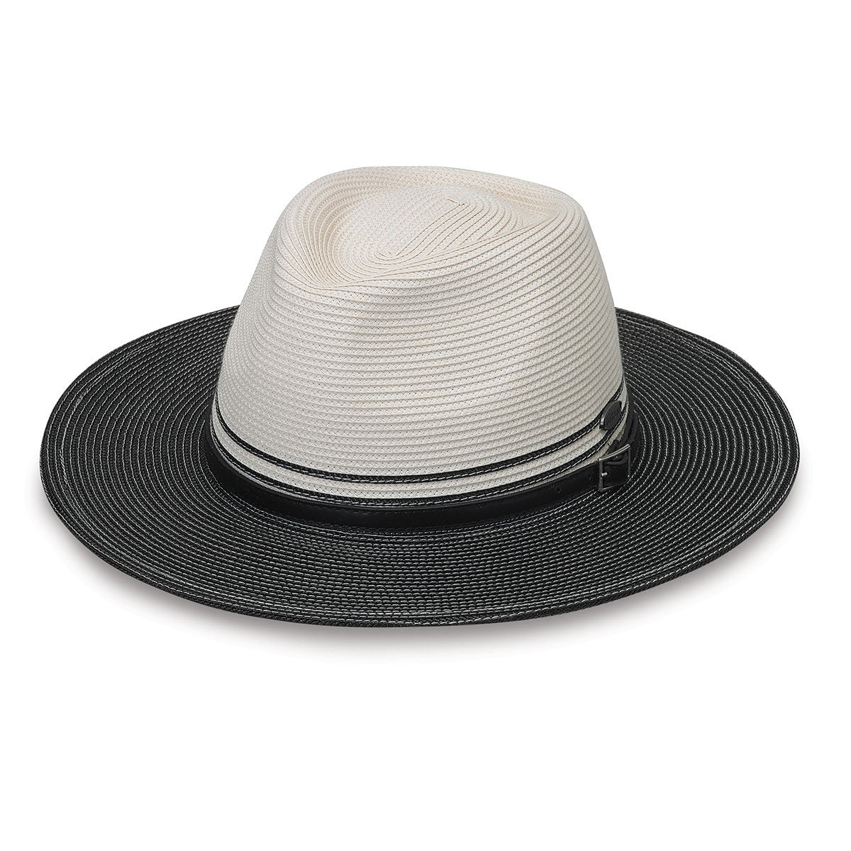 Featuring Front of Women's Packable UPF Fedora Style Kristy Sun Hat in Ivory Black from Wallaroo