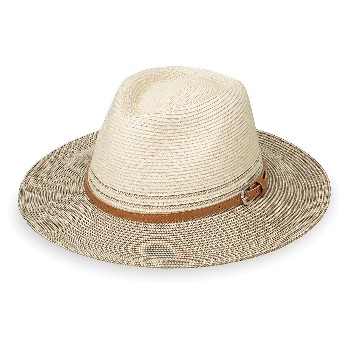 Front of Women's Packable UPF Fedora Style Kristy Sun Hat in Ivory/Stone from Wallaroo