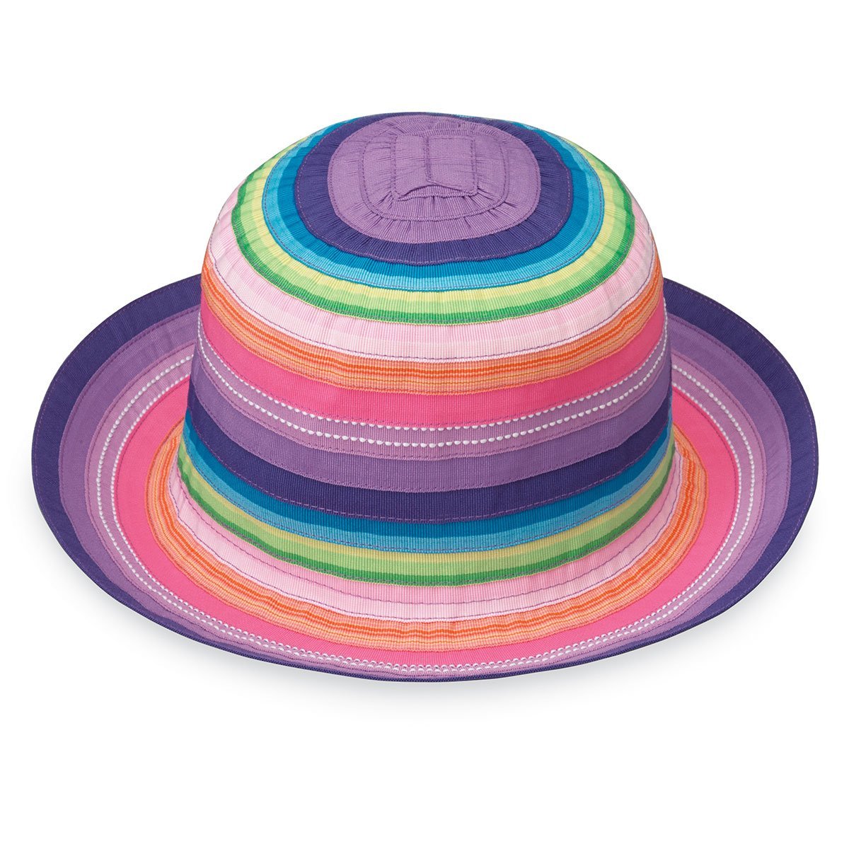 Featuring Front of Kid's Packable Wide Brim Style Petite Nantucket UPF Sun Hat in Rainbow Tones from Wallaroo