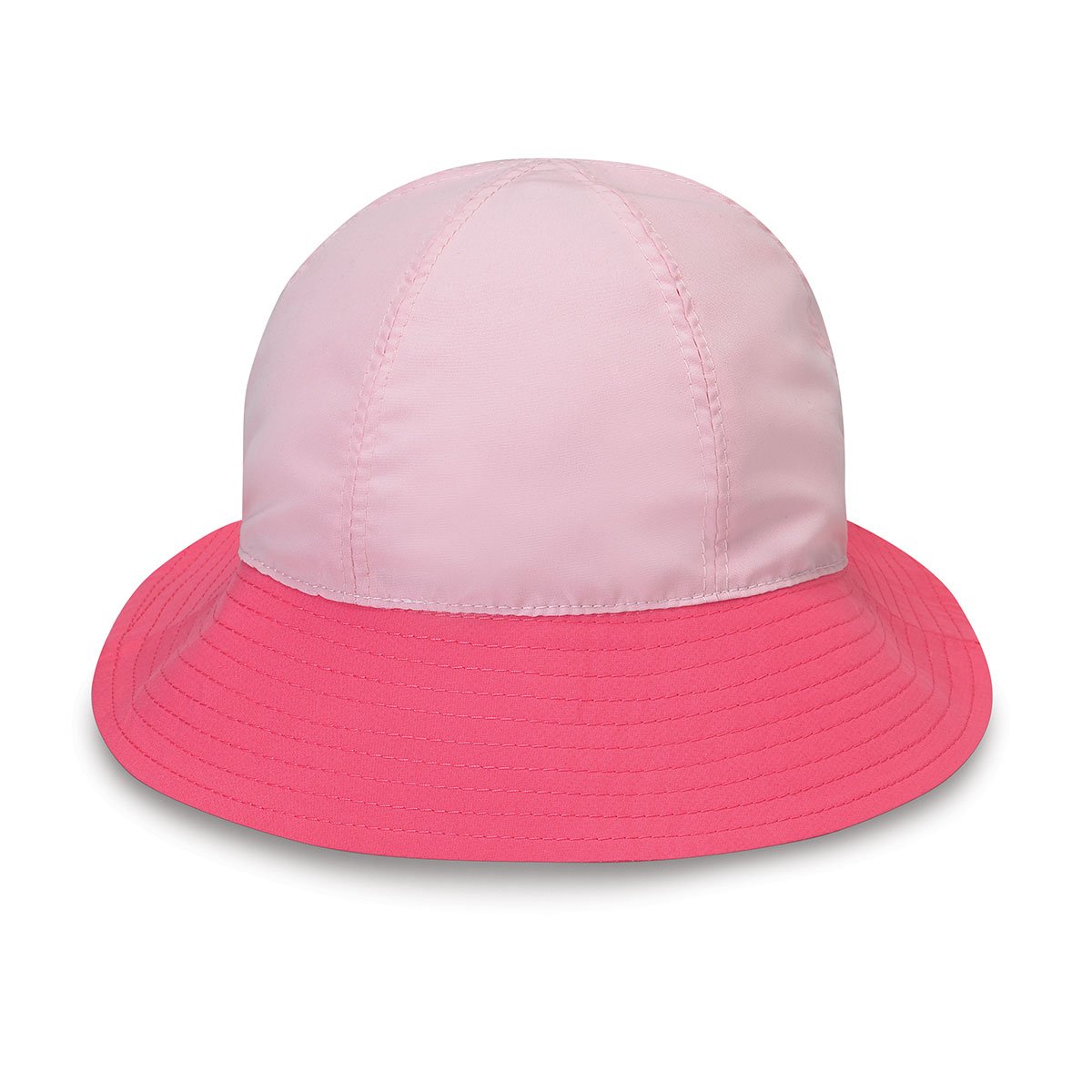 Front of Kid's UPF Packable Adjustable Wide Brim Bucket Style Sun Hat with Chinstrap in Microfiber-Pink from Wallaroo