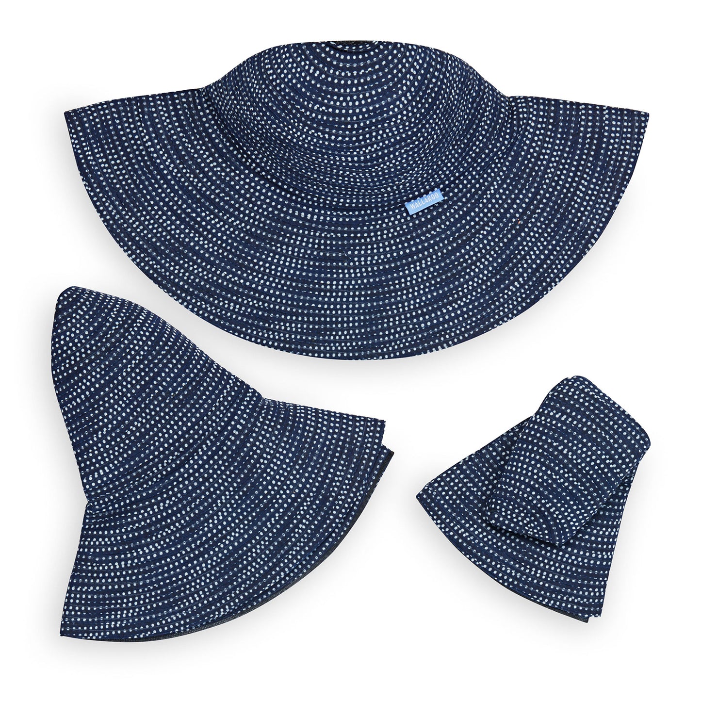 Packing View of Women's Wide Brim Scrunchie UPF Sun Hat in Navy/White Dots by Wallaroo