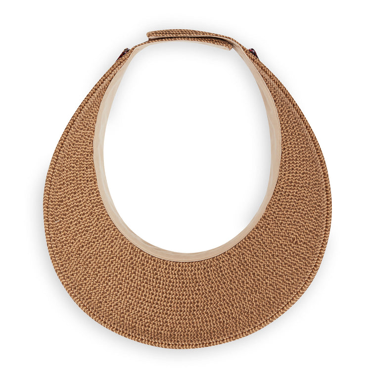 Inside of Women's Packable Sedona Paper Braid Sun Protection Visor in Camel from Wallaroo
