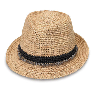Front of Women's Fedora Style Tahiti Straw Sun Hat for the beach in Black from Wallaroo