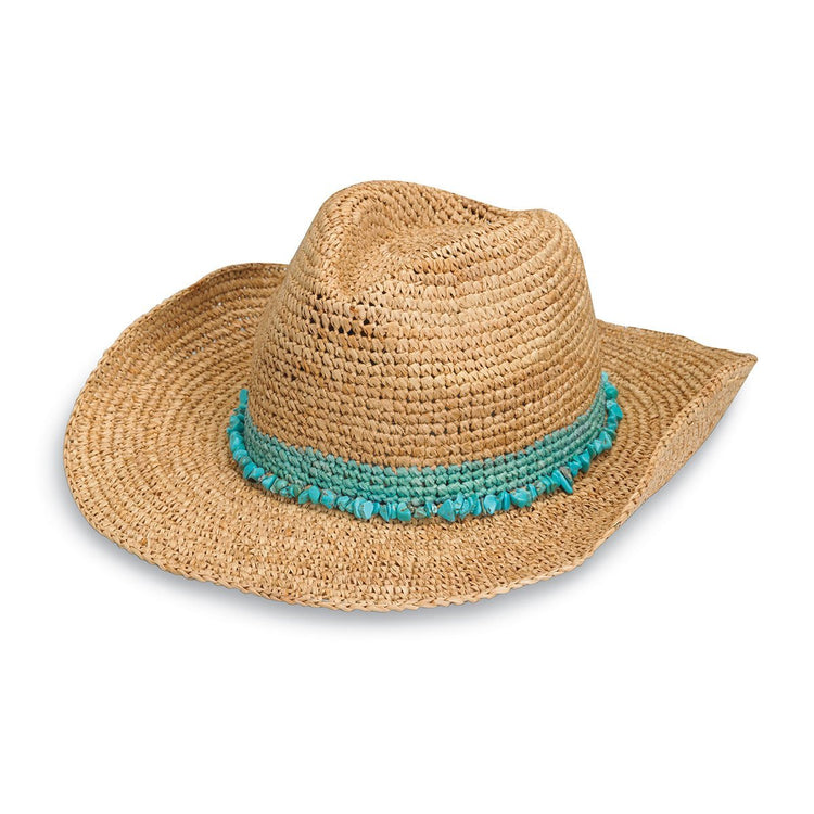 Front of Women's Adjustable Tahiti Cowboy Straw Sun Hat in Turquoise from Wallaroo