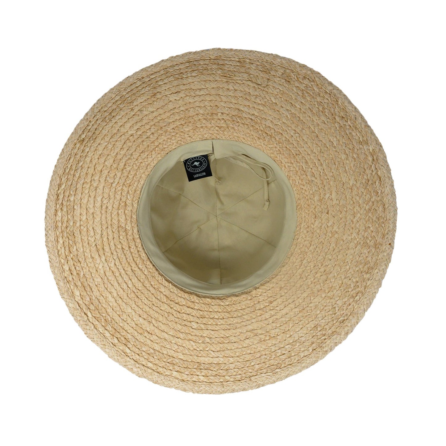 Inside of Women's Adjustable Wide Brim Sausalito UPF Raffia Sun Hat in Natural from Wallaroo