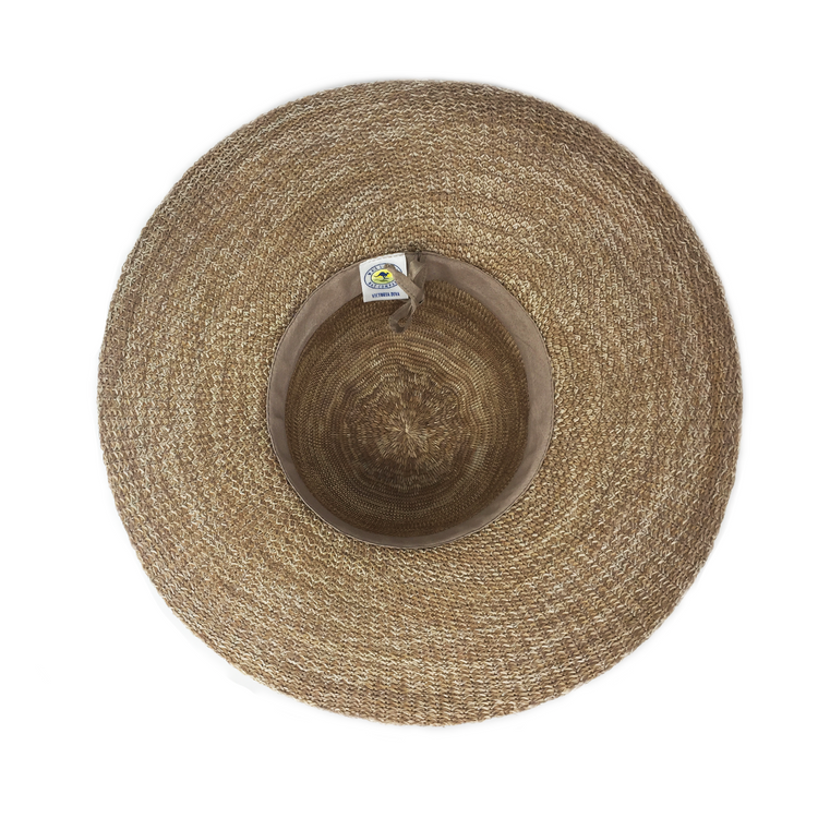 Inside of Packable Big Wide Brim Victoria Diva straw Sun Hat in Camel from Wallaroo