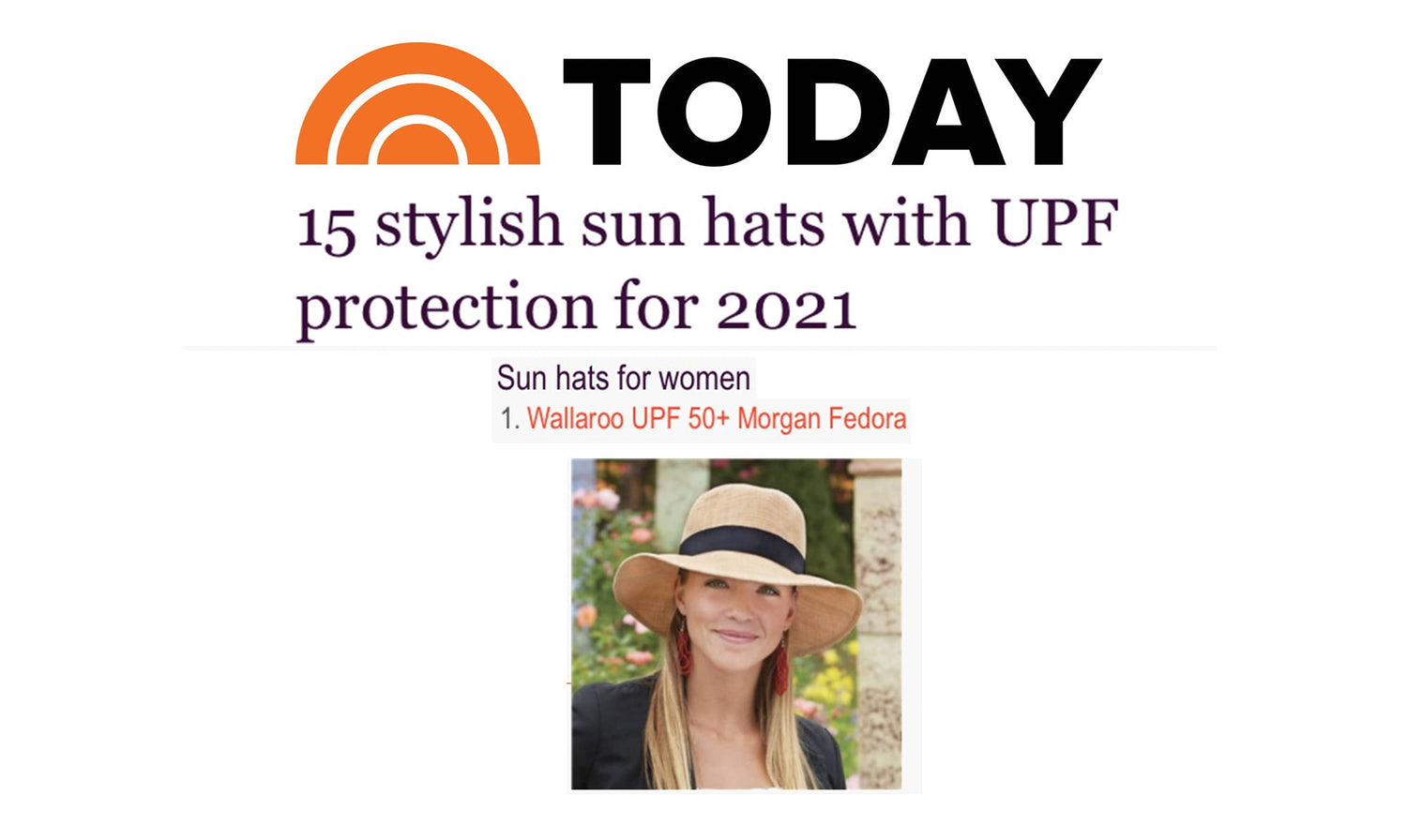 Clipping of Today online showcasing 15 stylish hats with UPF protection for 2021. Highlights the Wallaroo Morgan hat. 