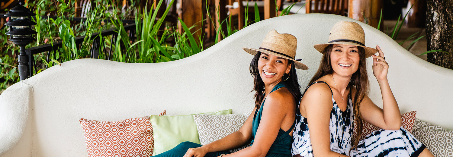 Two women sporting the artisan inspired Marina sun hat by Wallaroo 