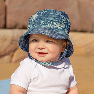 Aloha Kid's Packable Bucket UPF Sun Hat with Chinstrap in Blue Floral from Wallaroo