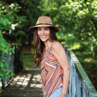 Woman wearing a Camel winter sun hat outside by Wallaroo