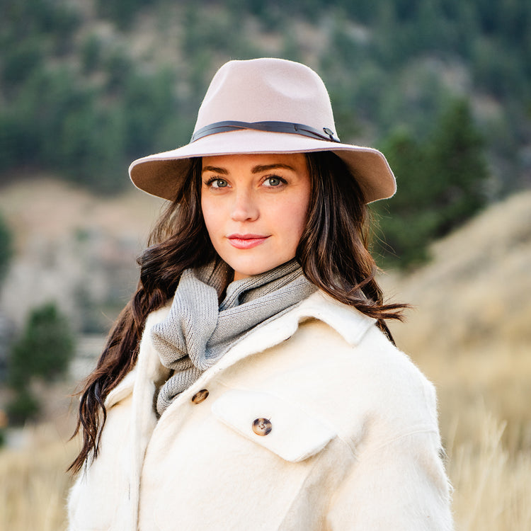 Woman wearing a wool-felt Taupe winter sun hat outside by Wallaroo