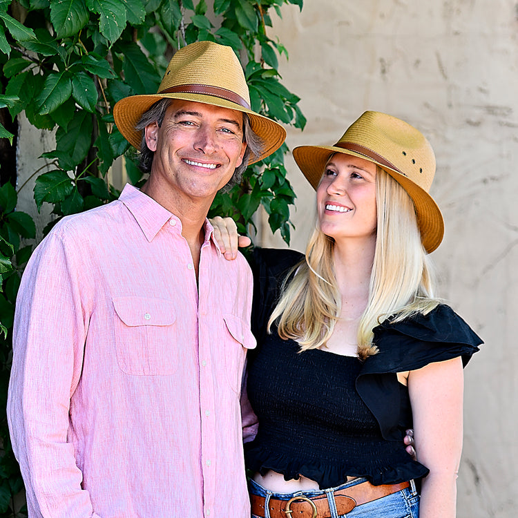 Man and a Women Wearing Unisexx Avery Fedora Style UPF Sun Hat Camel from Wallaroo