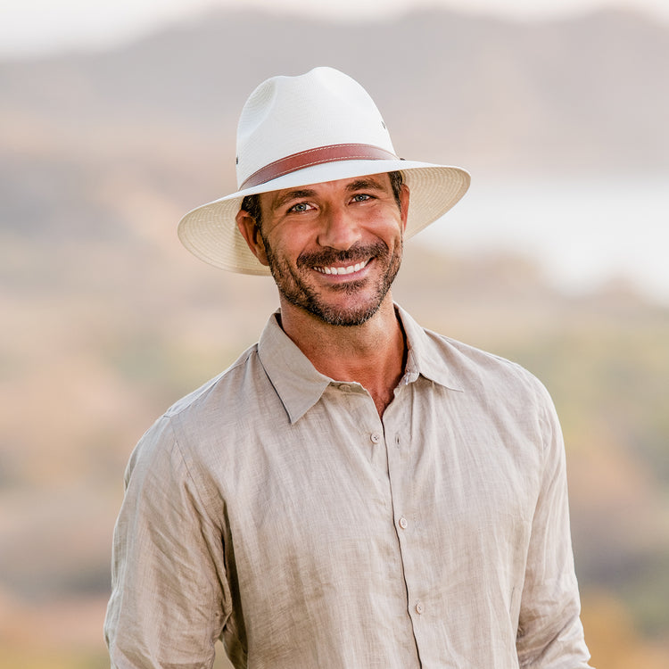 Man Wearing Avery Fedora Style UPF Sun Hat Natural from Wallaroo