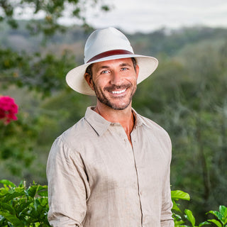 Man Wearing Avery Fedora Style UPF Sun Hat Natural from Wallaroo