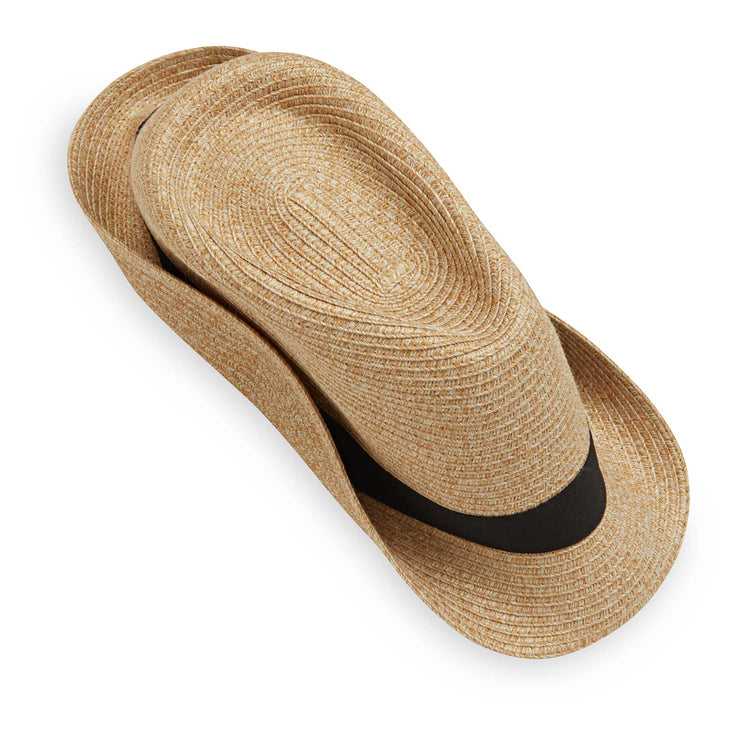 Packing view of Del Mar Trilby style Fedora sun hat by Carkella in Beige