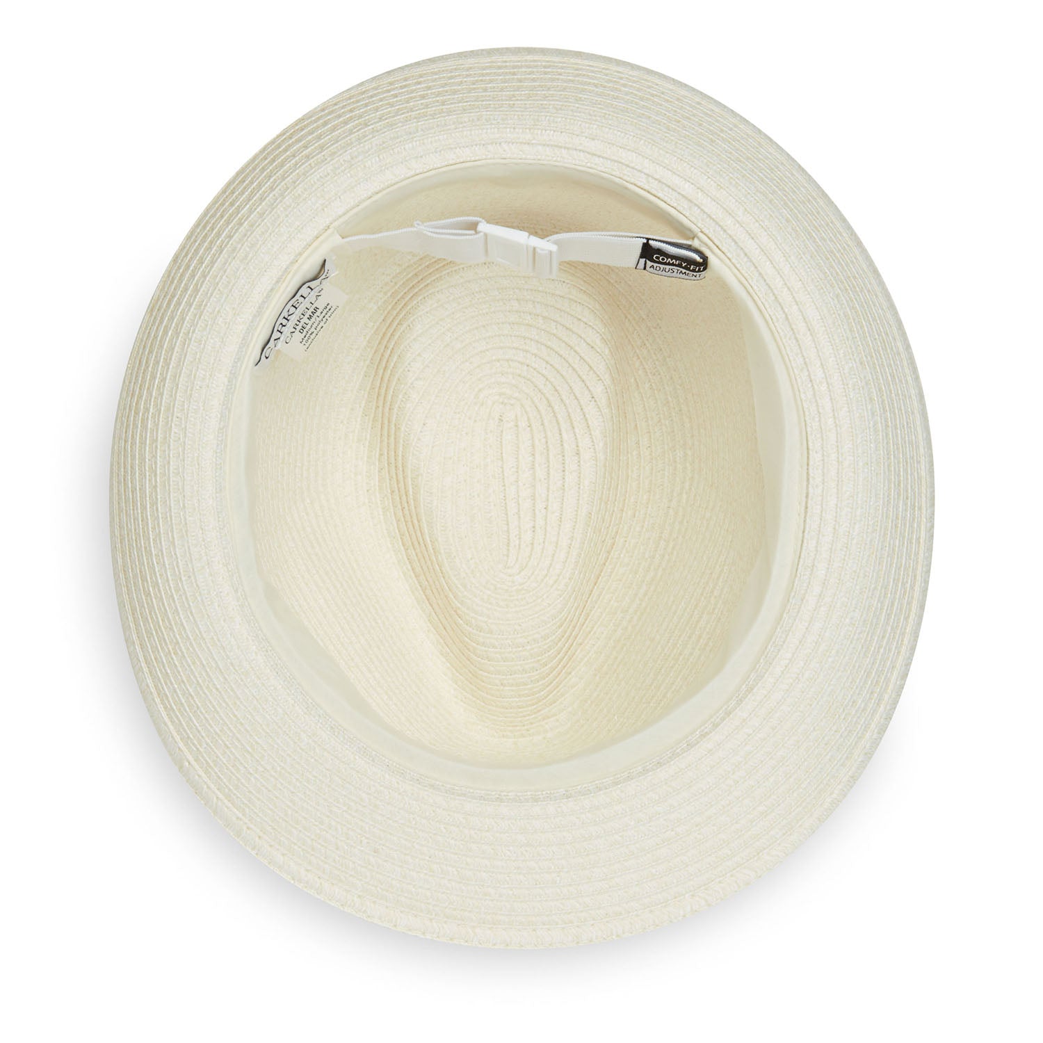 Internal view of Del Mar fedora sun hat by Carkella in Ivory