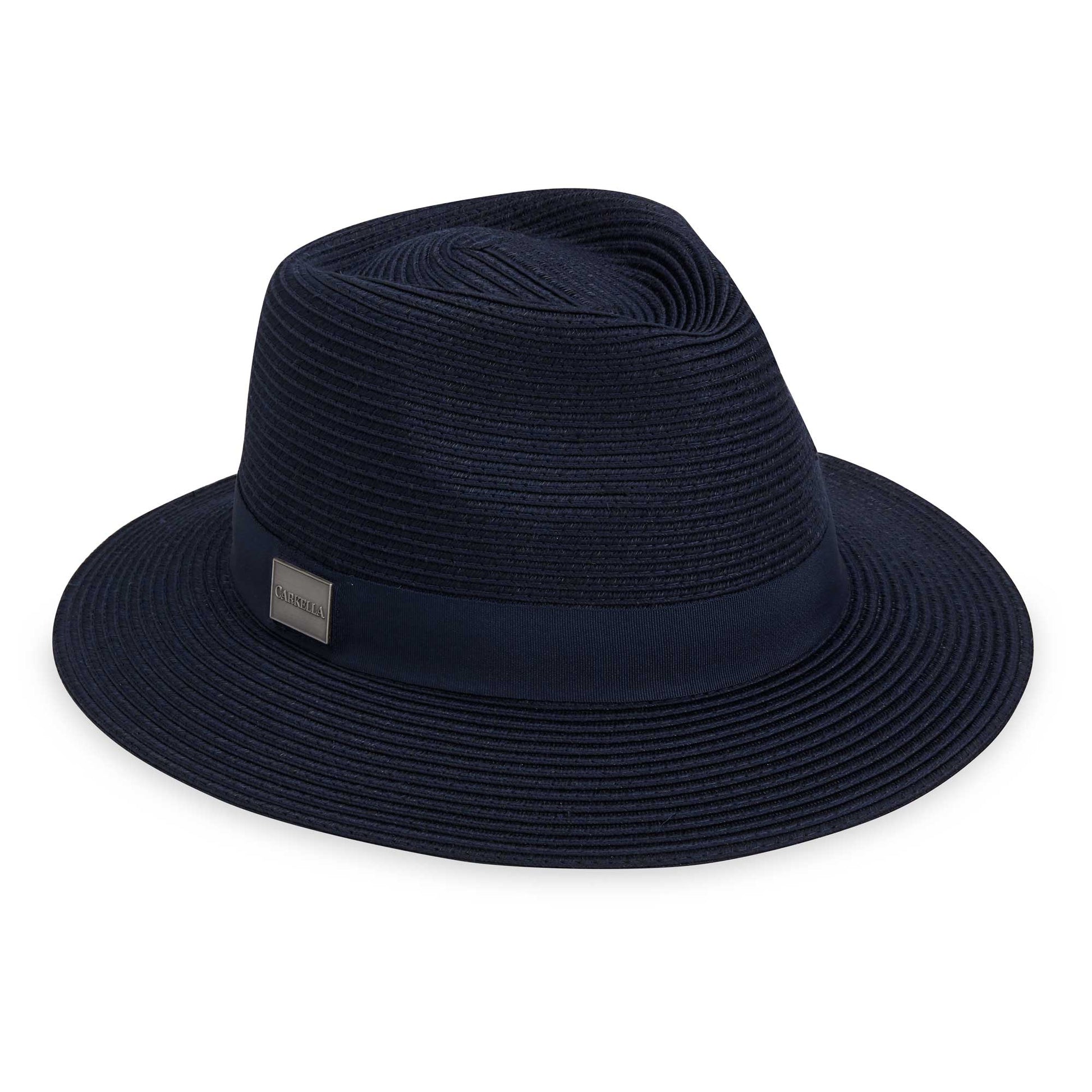 Front of Carkella men's Fairway fedora packable travel sun hat with emblem, Navy