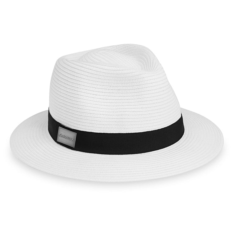 Carkella by Wallaroo Fairway Fedora sun hat for men, women, and unisex, featuring a classic design, wide brim, and UPF 50+ sun protection, White