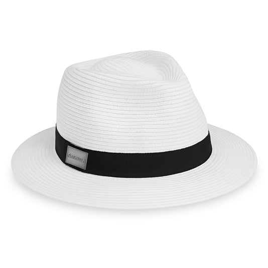 Carkella by Wallaroo Fairway Fedora sun hat for men, women, and unisex, featuring a classic design, wide brim, and UPF 50+ sun protection, White