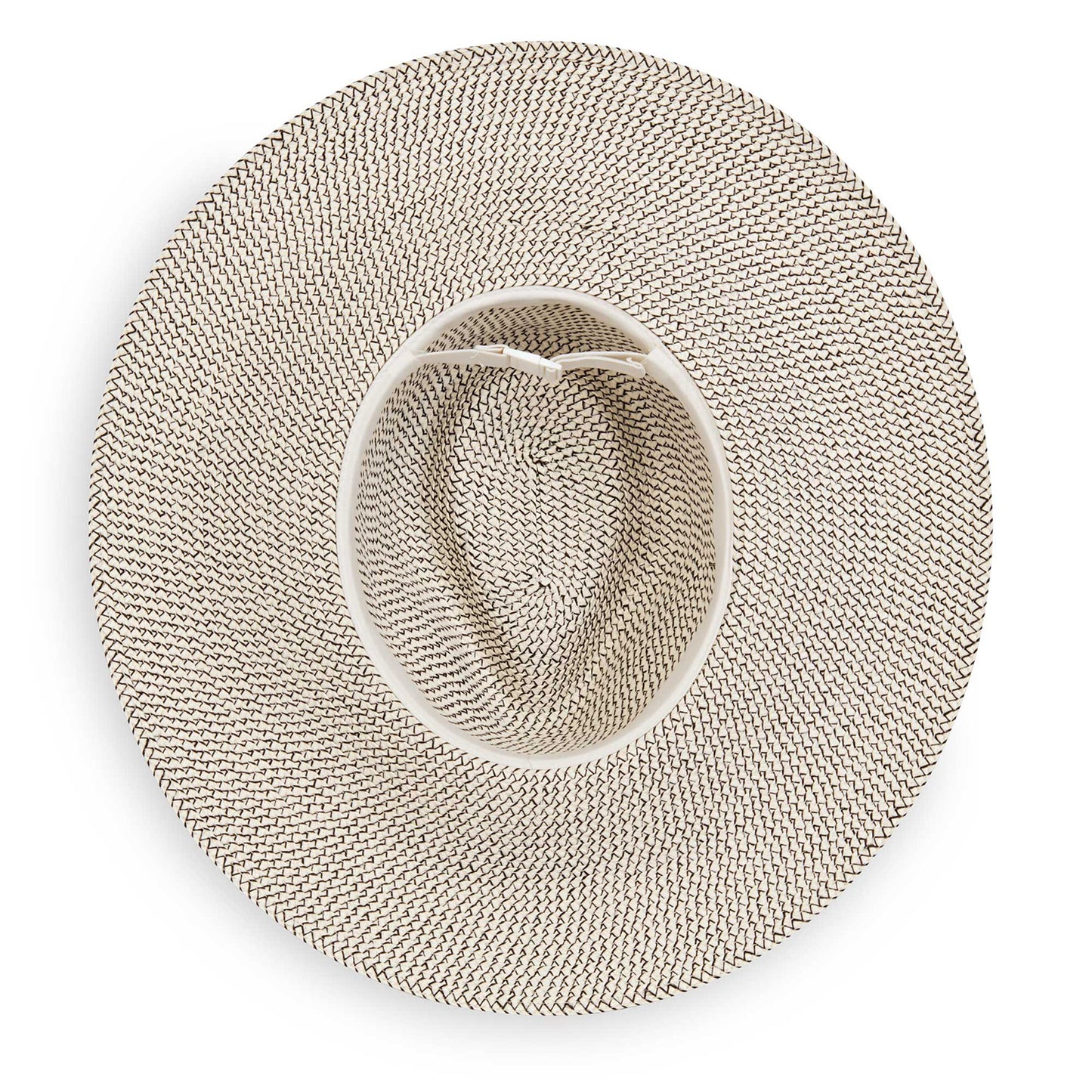 Inside view of women's Carkella by Wallaroo Kerrigan wide brim UPF 50+ fedora, Ivory/Black