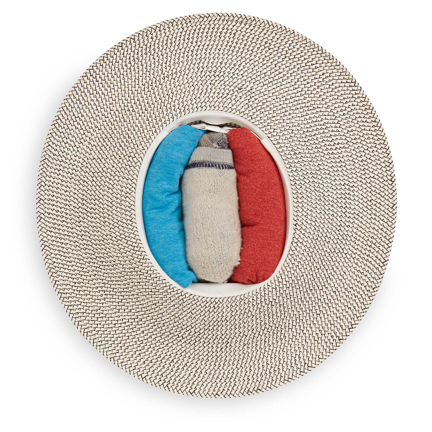 Inside packing view of women's Carkella by Wallaroo Kerrigan wide brim UPF 50+ fedora, Ivory/Black