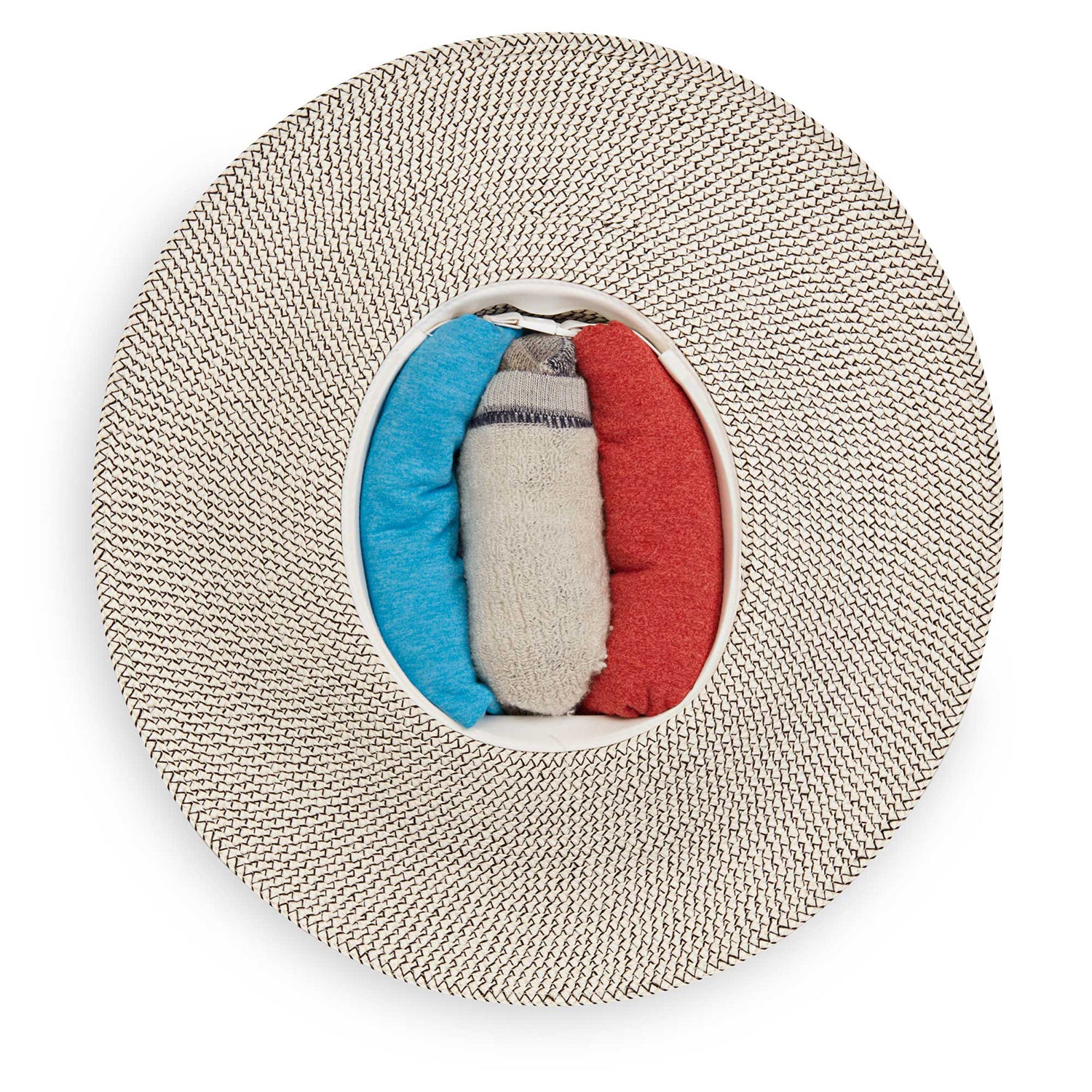 Inside packing view of women's Carkella by Wallaroo Kerrigan wide brim UPF 50+ fedora, Ivory/Black