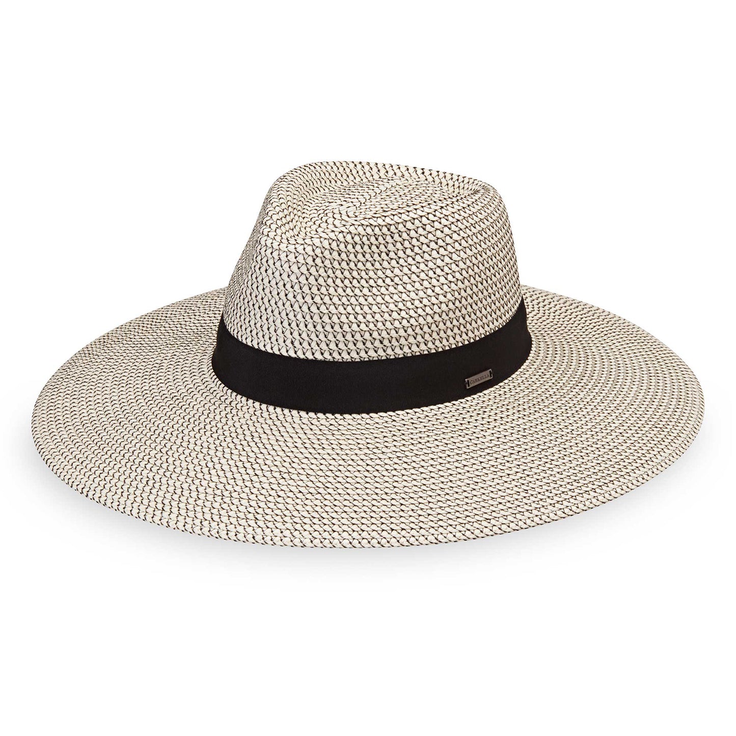 Front view of women's Carkella by Wallaroo Kerrigan wide brim UPF 50+ fedora, Ivory/Black