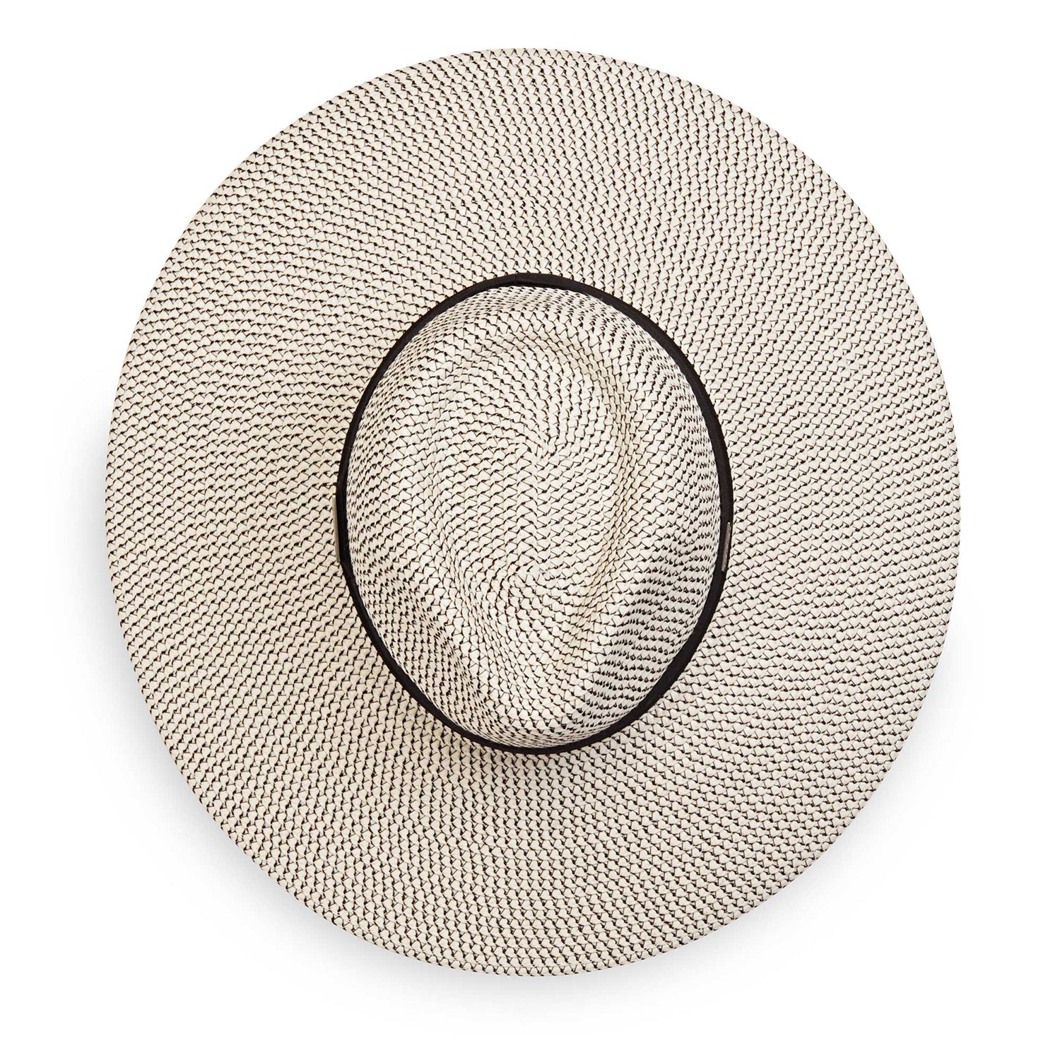 Top view of women's Carkella by Wallaroo Kerrigan wide brim UPF 50+ fedora, Ivory/Black