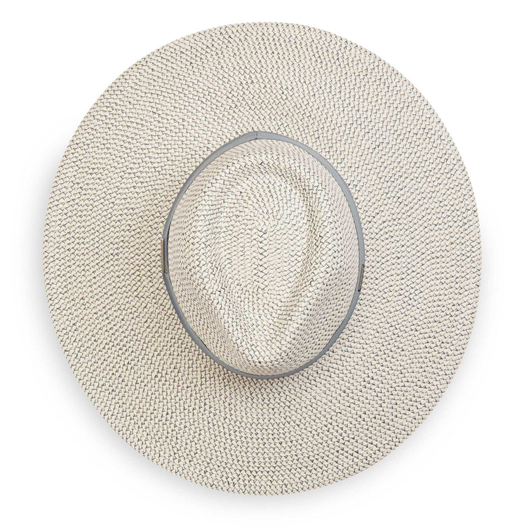 Top of Kerrigan summer cap by Carkella, that features a big wide brim, and is packable, Ivory/Cloud Grey