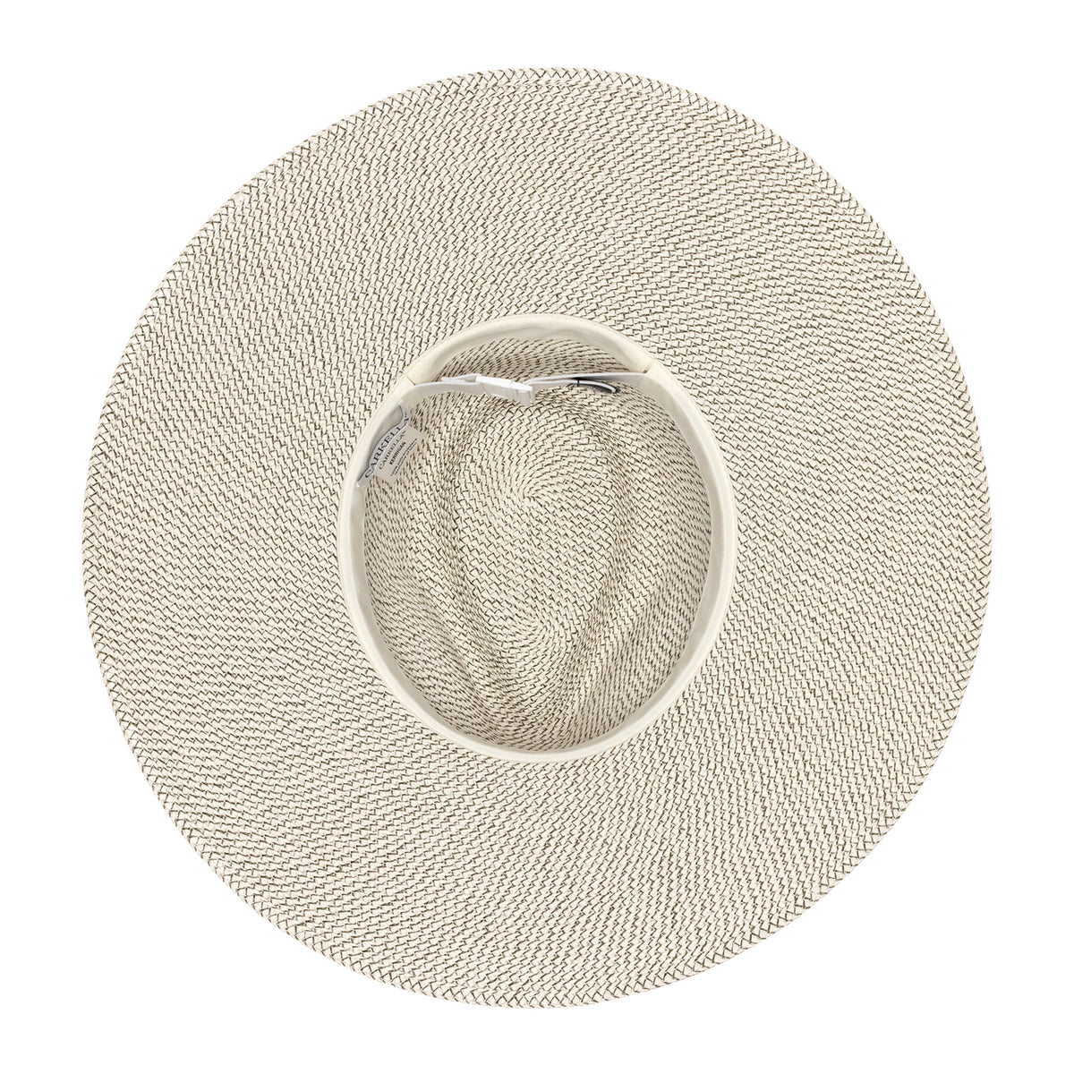 A top-down view of the wide-brimmed Carkella Kerriga UPF 50+ fedora hat in a textured ivory olive woven material, showing the adjustable elastic band inside the crown for a better fit and a small white tag.