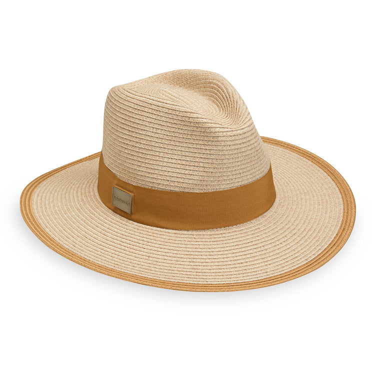 The Lauren fedora style sun hat with a big wide brim to provide UPF 50 sun protection, Mixed Camel