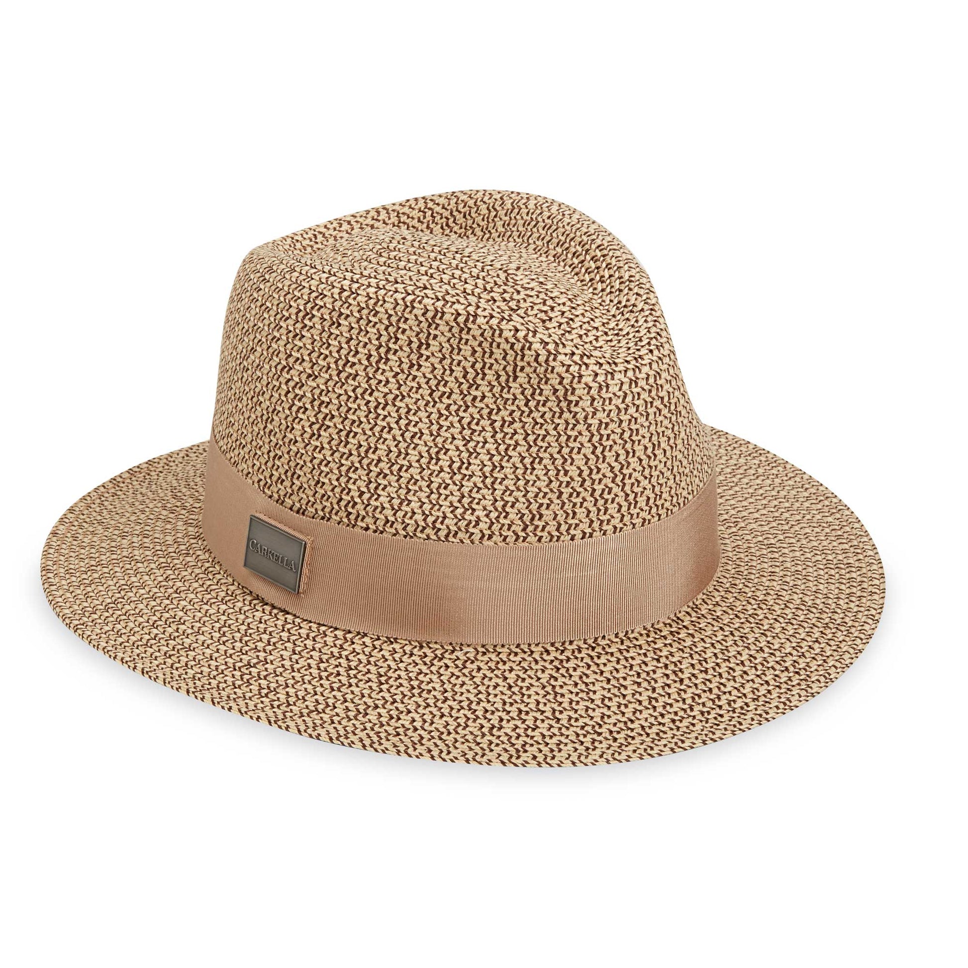 Front of Carkella men's Newhall fedora packable travel sun hat with emblem, French Beige