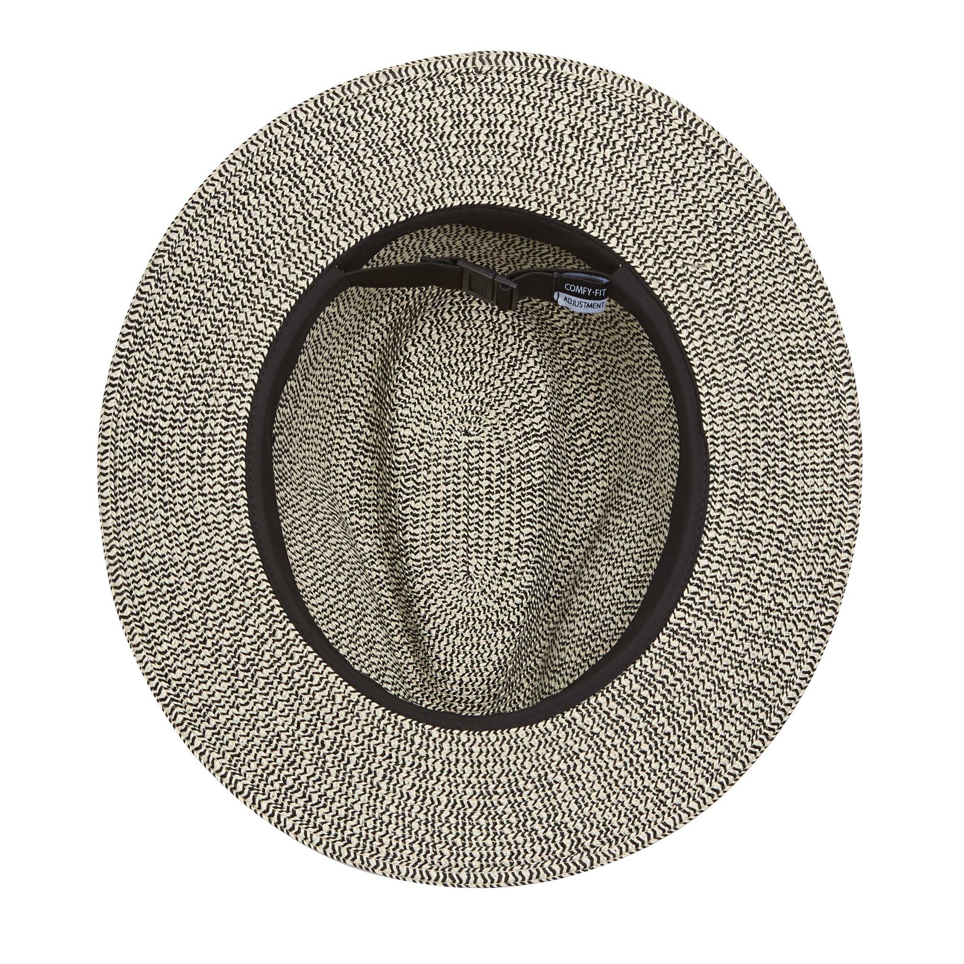 Inside of Carkella men's Newhall fedora packable travel sun hat, Mixed Black