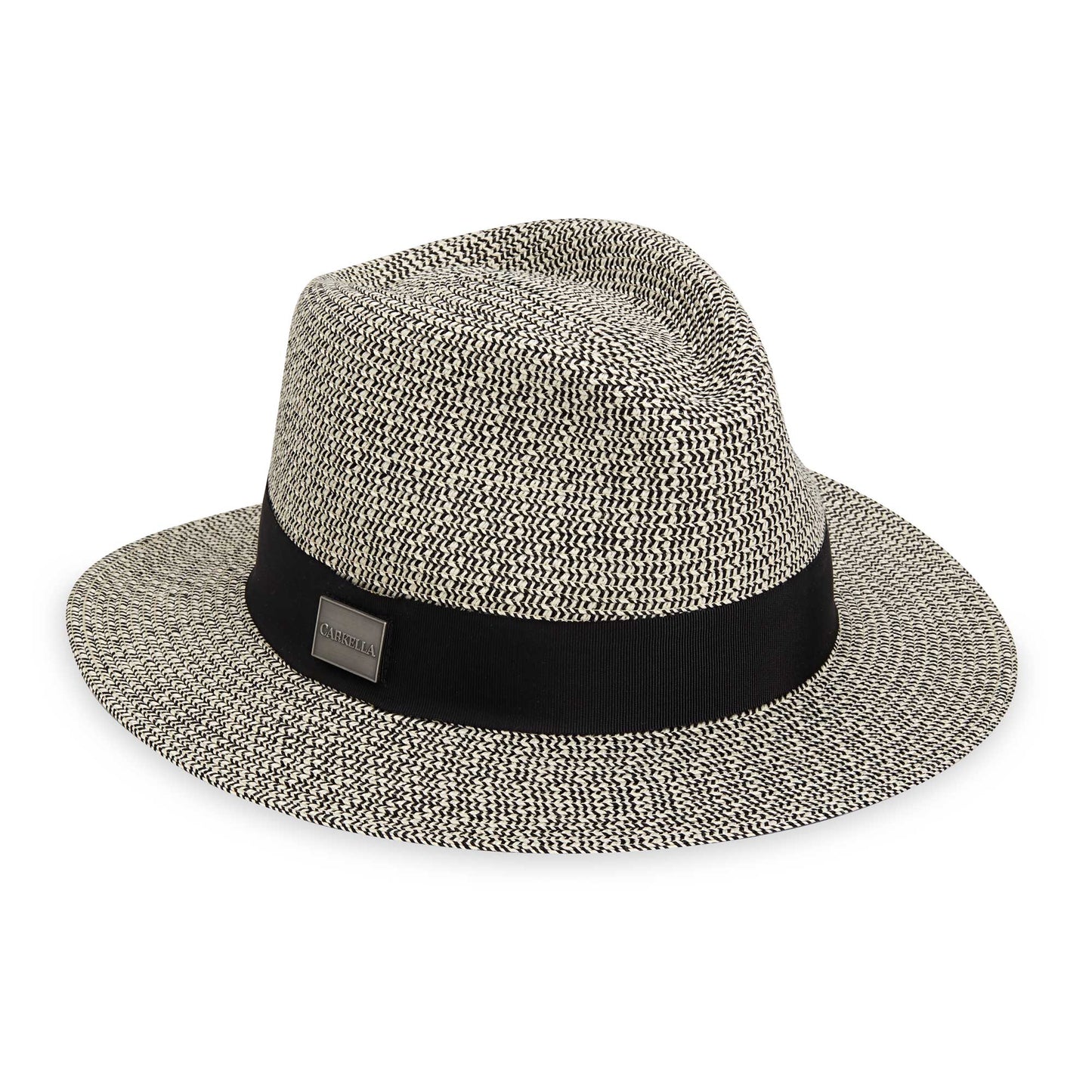 Front of Carkella men's Newhall fedora packable travel sun hat with emblem, Mixed Black