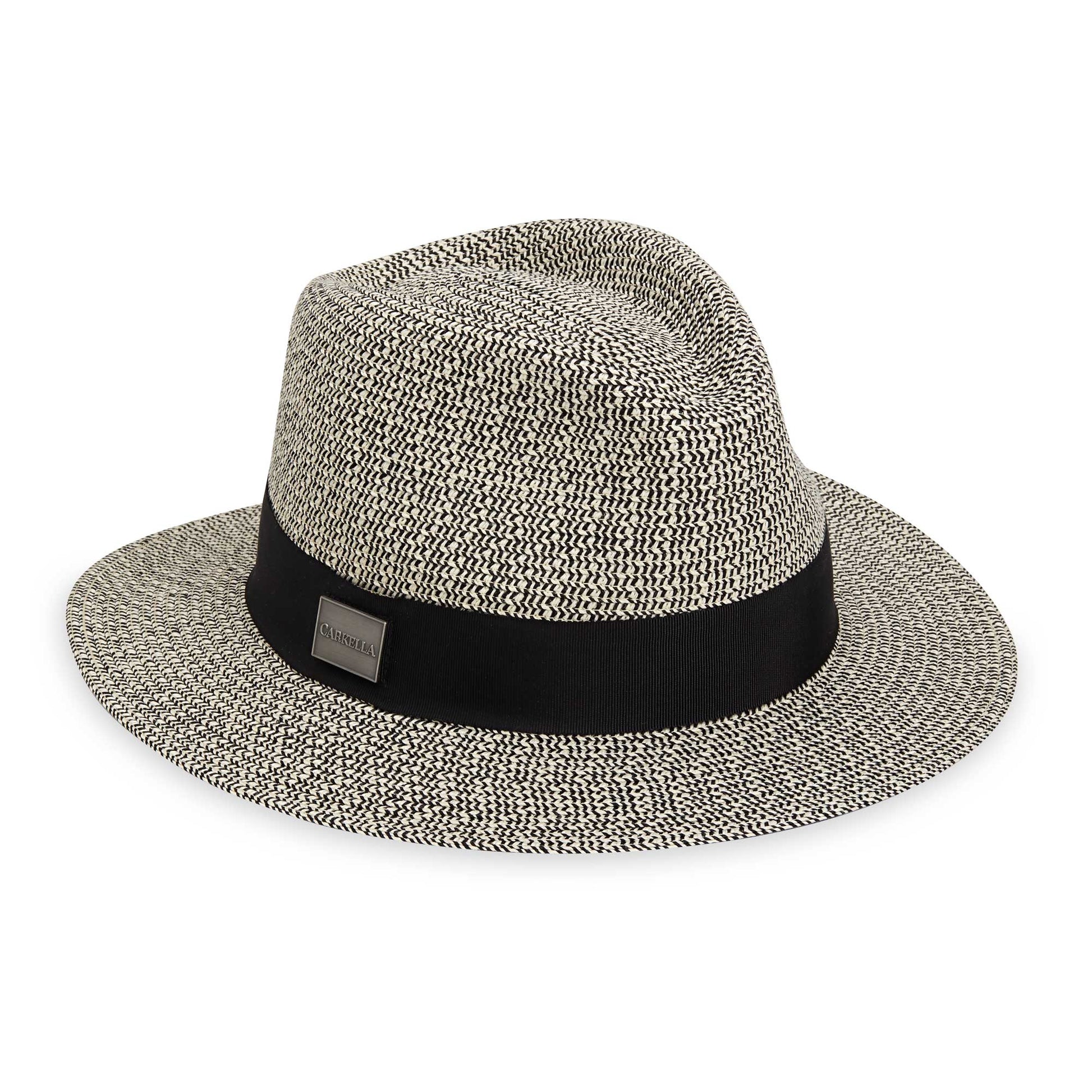 Front of Carkella men's Newhall fedora packable travel sun hat with emblem, Mixed Black