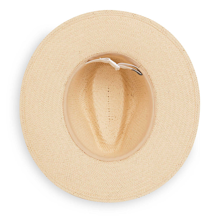 Inside of Portland straw sun hat by Carkella, with a big wide brim, Ivory