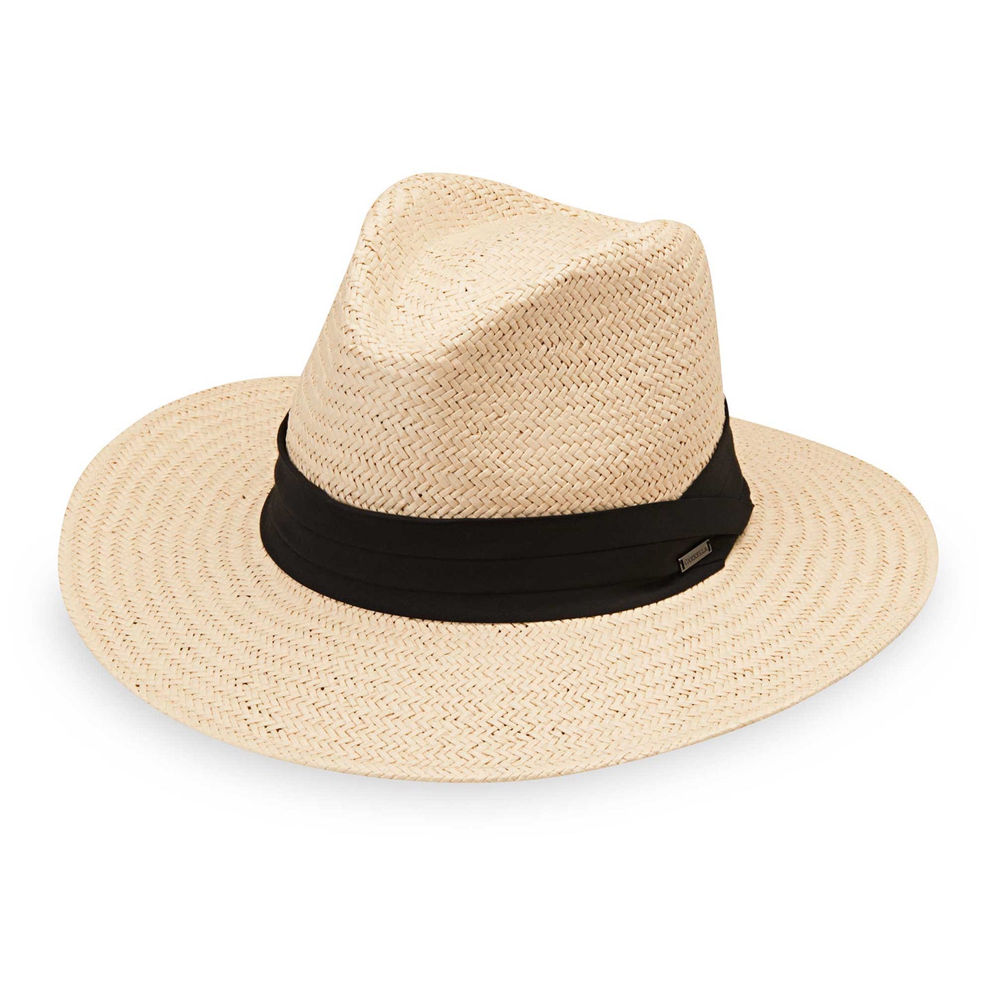 Side view of Men's Portland paper straw fedora with black ribbon. 
