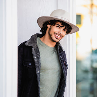 Man in fall/winter clothing wearing a fedora style sun hat by Wallaroo, Ivory/Stone