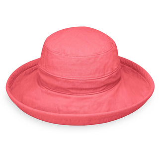 Women's canvas sun hat in coral made with packable, UPF 50 rating material
