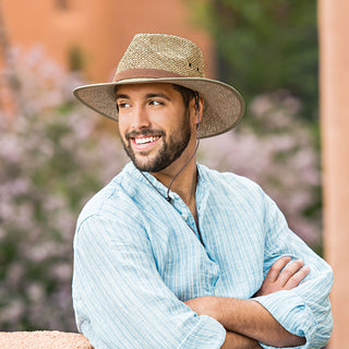 UPF Men's Fedora Style Charleston garden Sun Hat with chinstrap from Wallaroo, Natural